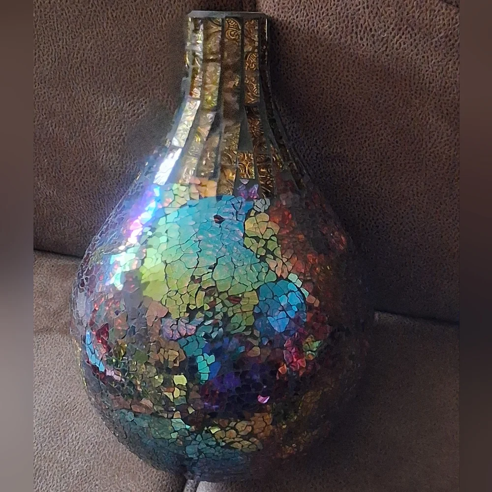 Iridescent Aurora Borealis Mosaic Vase Burgundy, Gold, Blue, Purple